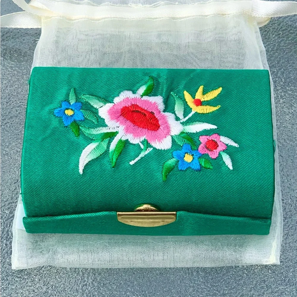 Small Embroidered Floral Green Satin 2-Lipstick Case or Jewelry Box